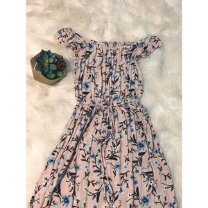 Long, light pink, and floral dress